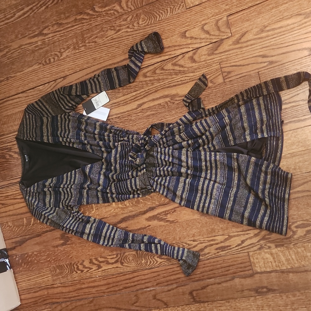 Navy blue and gold metallic striped dress